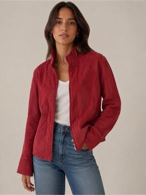 Red Suede Leather Zip Front Jacket Women’s 2X Plus Size Soft Moto Boho Western